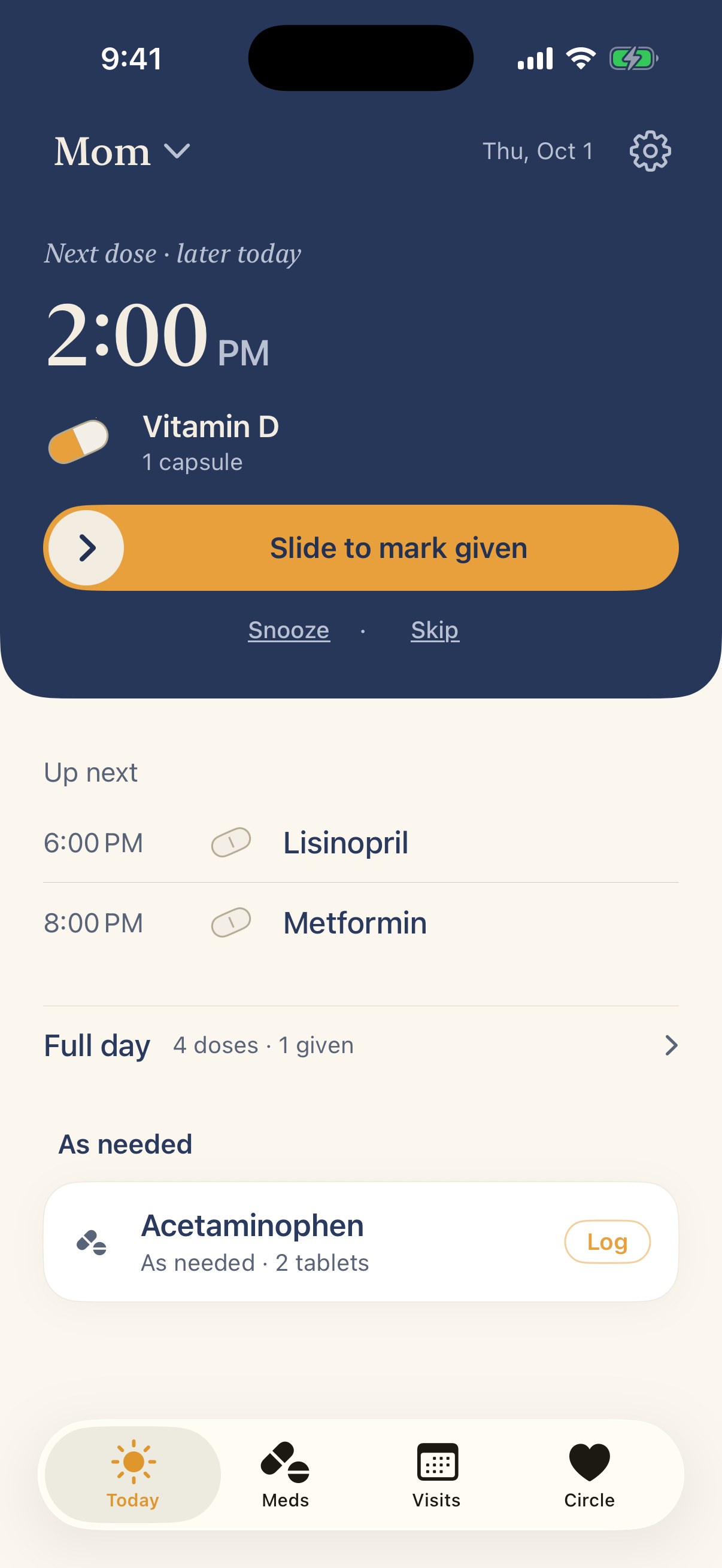 Evening In's Today screen with the next dose, a slide to mark it given, and the day's medicines