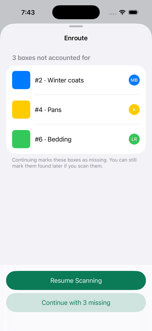 Lading screen on iPhone: before the truck leaves, with three boxes not yet accounted for