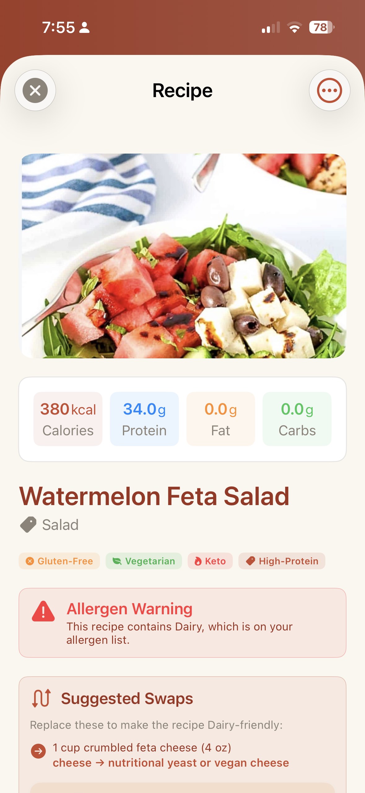 Meal Curate's recipe screen with nutrition, diet tags, an allergen warning and suggested swaps
